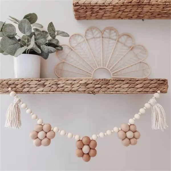 Bohemian Wooden Beads Garlands Wool Felt Daisy Flower String Baby Kids Room Wall Hanging Home Decor Nursery Decor Photo Props