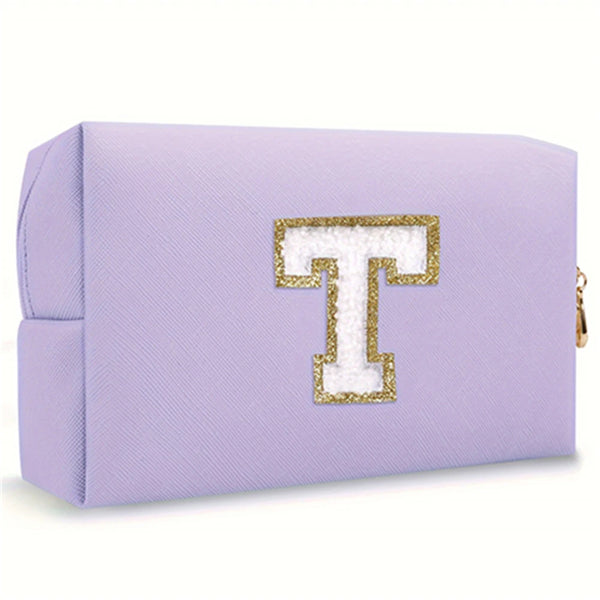 Purple Embroidered Letter Makeup Bag