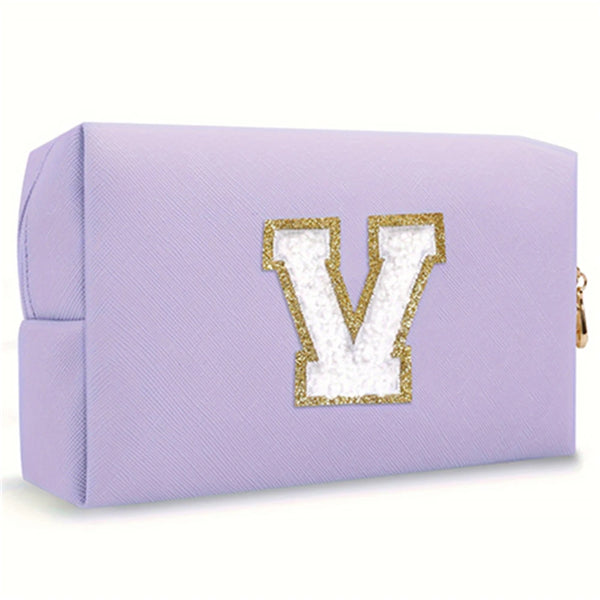 Purple Embroidered Letter Makeup Bag