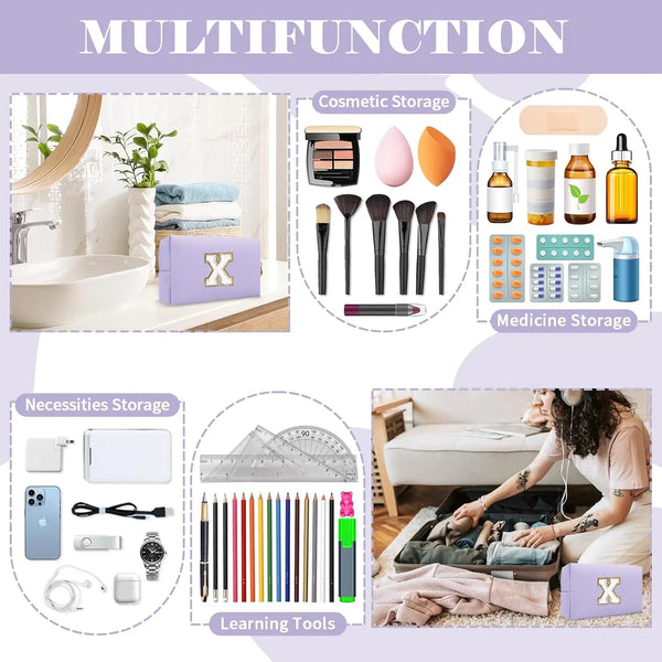 Purple Embroidered Letter Makeup Bag