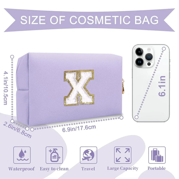 Purple Embroidered Letter Makeup Bag