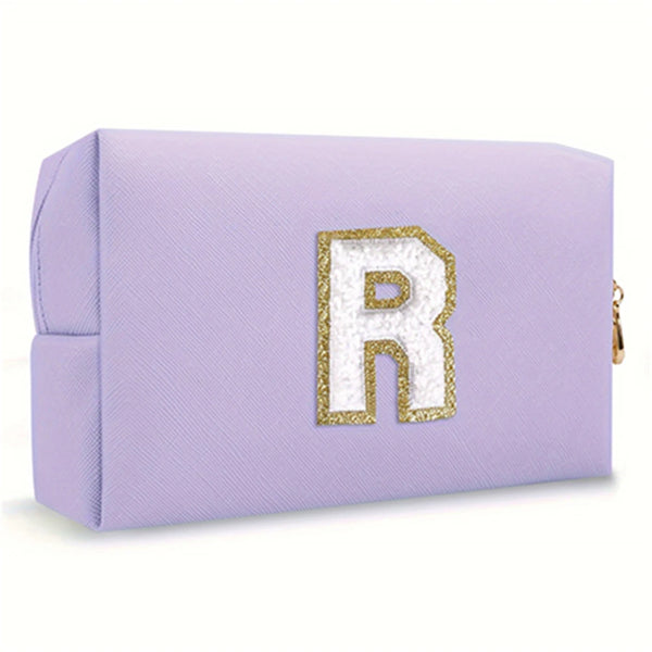 Purple Embroidered Letter Makeup Bag