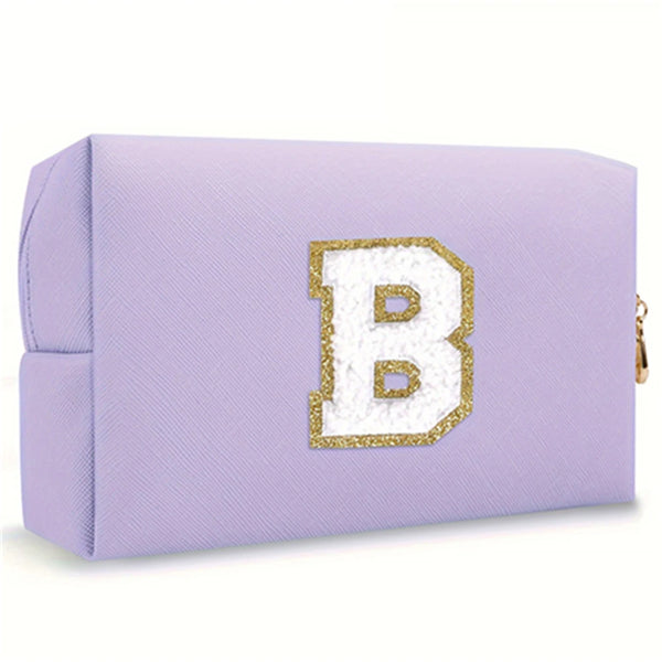 Purple Embroidered Letter Makeup Bag