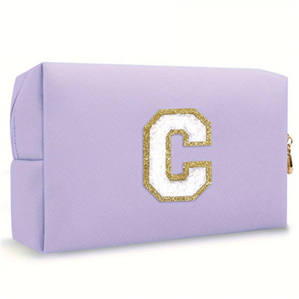 Purple Embroidered Letter Makeup Bag