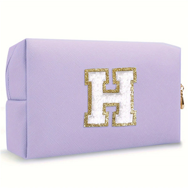 Purple Embroidered Letter Makeup Bag