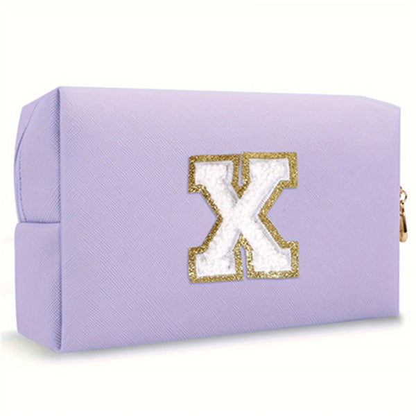 Purple Embroidered Letter Makeup Bag