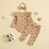 Spring And Autumn New Suit Heart Printing Waffle Long-sleeve Jumpsuit Trousers Hair Band Three-piece Set