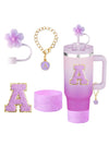 4Pcs Set for Stanley Cup Accessories, Including Initial Silicone Straw Lid, Name ID Letter,Self-adhesive Letter，Cup Sleeve（purple)