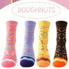 Four pair of fashionable, unique and interesting colorful donut pattern girl ,teen, and women gift socks suitable for all seasons